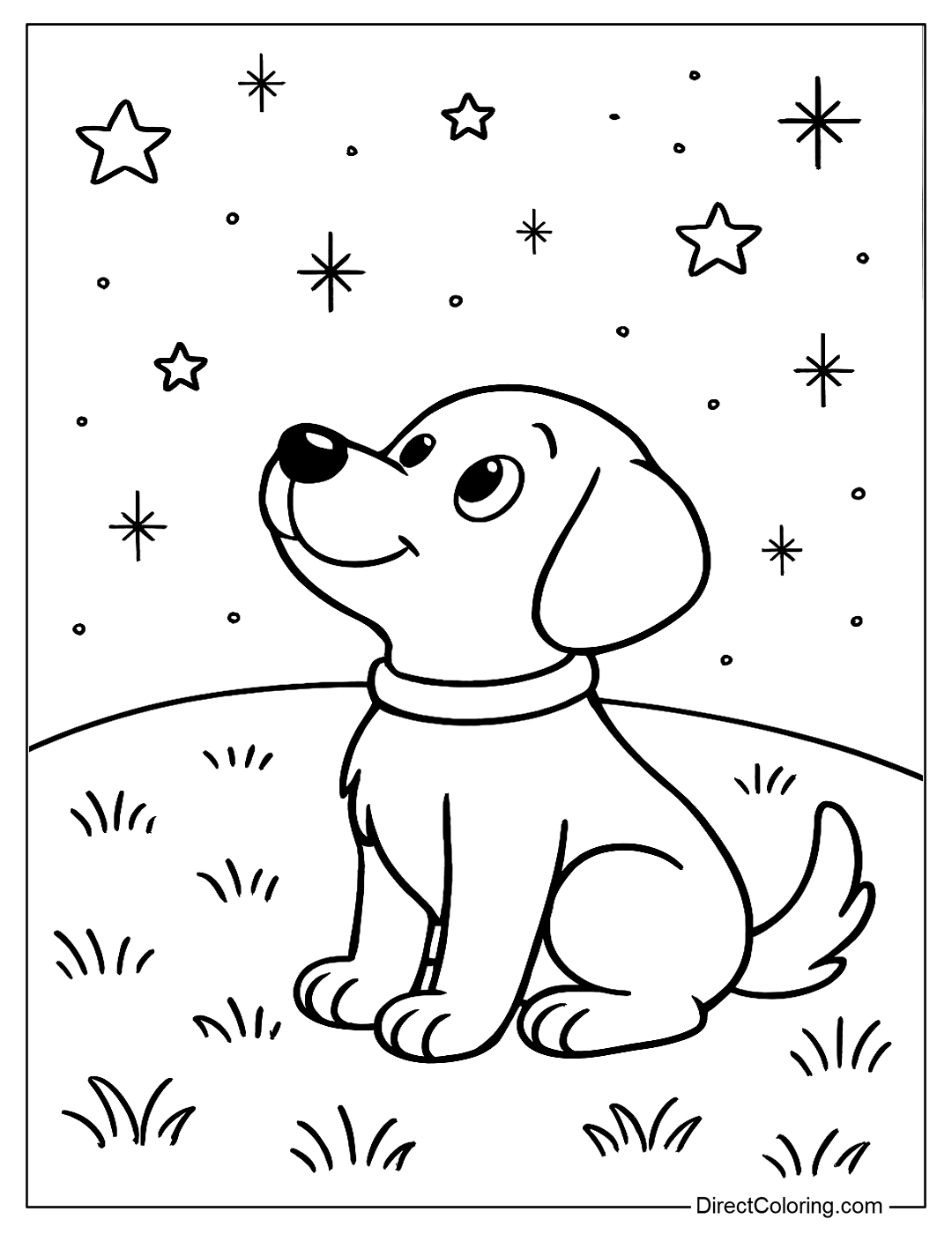 Dog Sitting on the Grass Watching the Stars Coloring Page